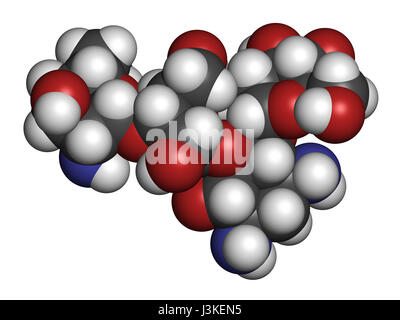 La paromomycine antibiotique d'aminoglycoside molécule pharmaceutique. Les atomes sont représentés comme des sphères classiques avec codage couleur : blanc (hydrogène), carbone (gris), Banque D'Images