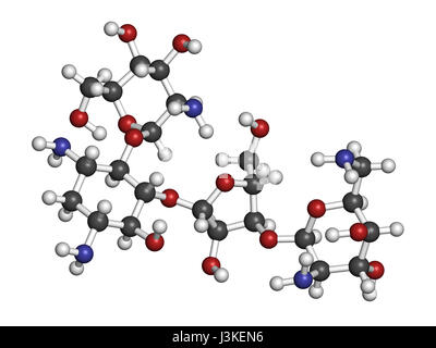 La paromomycine antibiotique d'aminoglycoside molécule pharmaceutique. Les atomes sont représentés comme des sphères classiques avec codage couleur : blanc (hydrogène), carbone (gris), Banque D'Images