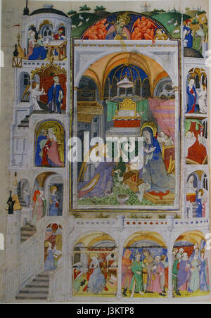 Cette page manuscrite des heures Lamoignon, tenue au Museu Gulbenkian, présente l'Annonciation, une scène biblique représentant le moment où l'ange Gabriel annonce à la Vierge Marie qu'elle concevra Jésus. L'œuvre d'art est connue pour ses illuminations complexes et sa signification historique dans le cadre d'un livre de dévotion médiéval. Banque D'Images