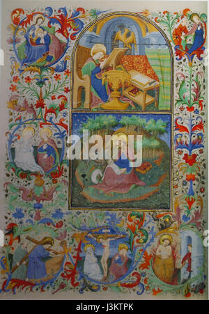 Page manuscrite enluminée des heures Lamoignon, abritée dans le Museu Gulbenkian de Lisbonne, présentant des œuvres d'art religieux du début du XVe siècle. Banque D'Images