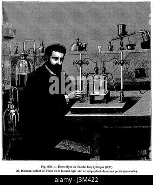 Henri Moissan, chimiste français, isole le fluor en 1886, marquant une réalisation significative dans le domaine de la chimie. Sa découverte a grandement contribué à la compréhension des éléments et de leurs propriétés. Banque D'Images