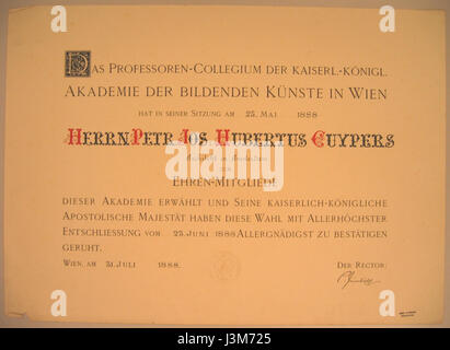 Certificat de membre honoraire Pierre Cuypers de l'Académie des beaux-arts de Vienne Cuypershuis 0460 Banque D'Images