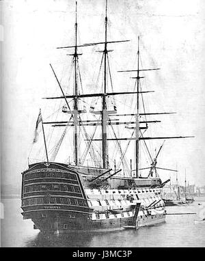 Le HMS Victory 1884 fait référence à l'emblématique navire de guerre britannique, mis en service en 1765 et connu pour son rôle clé dans la bataille de Trafalgar en 1805. Le navire est resté en service actif pendant de nombreuses années et a finalement été conservé comme navire-musée. Le HMS Victory est célébré pour son importance historique dans l'histoire navale britannique et son lien avec l'amiral Nelson. Banque D'Images