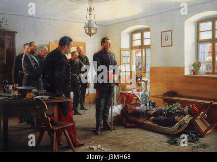 Dans cette scène historique, le prince héritier allemand Friedrich Wilhelm observe le corps du général français Abel Douay après la bataille de WÃ¶Rth pendant la guerre franco-prussienne de 1870. Cette image capture les sombres séquelles d'un des conflits importants entre la France et la Prusse. Banque D'Images
