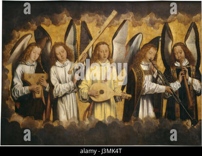 « Music Making Angels » de Hans Memling est une peinture représentant des anges jouant d'instruments de musique. Il est logé au Musée Royal des Beaux-Arts d'Anvers, montrant la maîtrise du artistâ€™ dans la représentation de thèmes religieux avec des figures détaillées et des compositions sereines. Banque D'Images