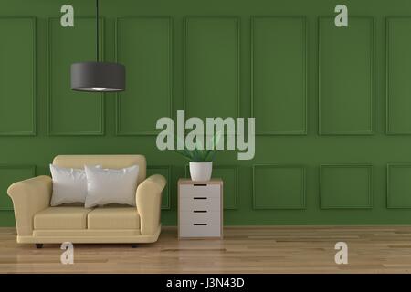 Salle de séjour dans des tons vert avec ensemble de canapé et une lampe dans la chambre en 3D Rendering Banque D'Images