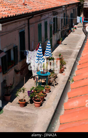 Ruelle dans ville historique, pots, parasol, terre cuite, Portoferraio, Toscane, Italie, Europe Banque D'Images