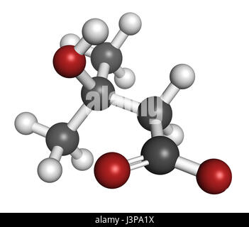 Beta-hydroxy beta-methylbutyric HMB leucine (acide) métabolite molécule. Utilisé en tant que complément, peut augmenter la force et la masse musculaire. Les atomes sont représenter Banque D'Images