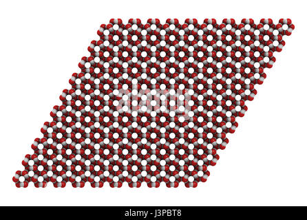 La glace (eau gelée, hexagonale), structure cristalline. Codage couleur des atomes présenté comme sphères : l'oxygène, l'hydrogène ; rouge, blanc. Banque D'Images