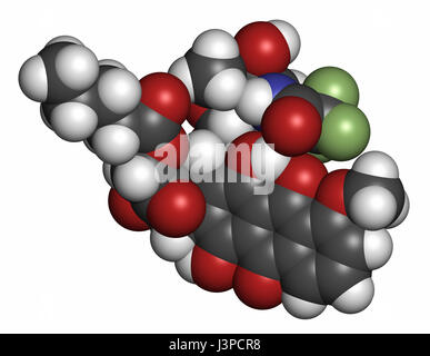 Cancer de la vessie Valrubicin molécule pharmaceutique. Les atomes sont représentés comme des sphères classiques avec codage couleur : blanc (hydrogène), carbone (gris), l'oxygène (rouge Banque D'Images