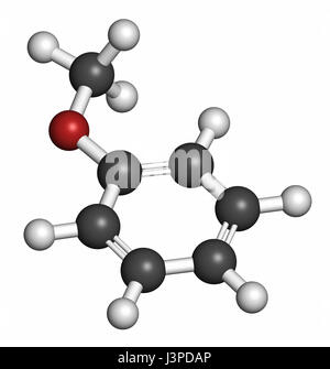 L'anisole molécule chimique. Utilisé dans les parfums et comme précurseur chimique. Les atomes sont représentés comme des sphères avec codage couleur classiques : l'hydrogène (wh Banque D'Images