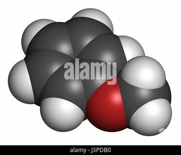 L'anisole molécule chimique. Utilisé dans les parfums et comme précurseur chimique. Les atomes sont représentés comme des sphères avec codage couleur classiques : l'hydrogène (wh Banque D'Images