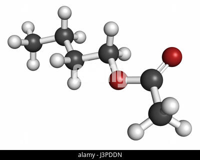 Molécule d'acétate de butyle. Utilisé comme arôme de fruits synthétiques et comme solvant organique. Les atomes sont représentés comme des sphères classiques avec codage couleur : hyd Banque D'Images