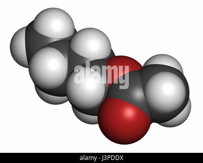 Molécule d'acétate de butyle. Utilisé comme arôme de fruits synthétiques et comme solvant organique. Les atomes sont représentés comme des sphères classiques avec codage couleur : hyd Banque D'Images