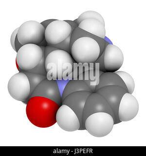 La strychnine alcaloïde toxique molécule. Isolées de Strychnos nux-vomica arbre. Les atomes sont représentés comme des sphères classiques avec codage couleur : hydr Banque D'Images
