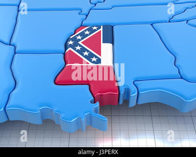 Carte de l'État du Mississippi avec drapeau. Image avec chemin de détourage. Banque D'Images