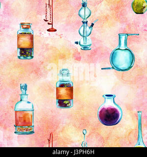 La science Vintage seamless background pattern avec les objets de la chimie. Pots, flacons, récipients, appareils, peinte à l'aquarelle sur un bac rose Banque D'Images