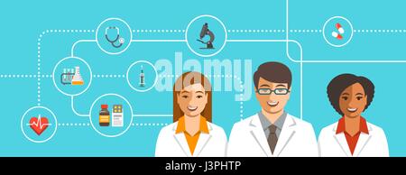 L'équipe médicale médecins avec icônes. Soins de santé contexte vecteur télévision. Les services hospitaliers professionnels concept. Le personnel médical les visages de sourire. Jeune homme e Illustration de Vecteur