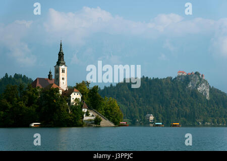 L'église St Mary sur l'île, le lac de Bled, Bled, Slovénie, Balkans Banque D'Images