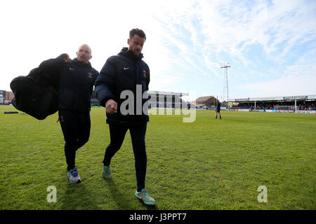 Hartlepool United manager, Matthew Bates après le ciel Bet League Deux match au stade d'alimentation et de gaz du Nord, Hartlepool. Banque D'Images