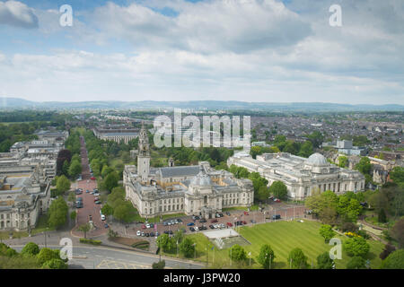 Vue aérienne générale de l'hôtel de ville de Cardiff, Pays de Galles, Royaume-Uni. Banque D'Images