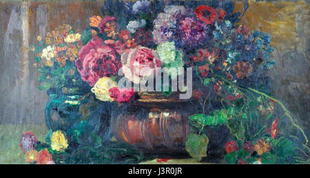 'Kwiaty w wazie' de Jozef Mecina est une peinture de nature morte avec un vase de fleurs. L'œuvre reflète l'approche détaillée de l'artiste à la composition florale, mettant l'accent sur la couleur et la texture dans la représentation de la beauté naturelle. Banque D'Images
