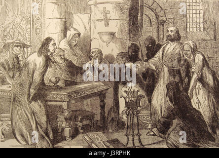 Jacques de Molay fut le dernier Grand Maître des Templiers. Son interrogatoire par le roi Philippe IV de France au début du XIVe siècle fait partie de la chute de l'ordre, conduisant à son exécution. Banque D'Images
