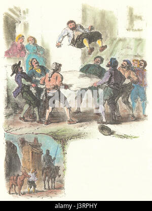 Cette illustration de 'Don Quichotte' représente une scène du célèbre roman espagnol de Miguel de Cervantes. Il représente visuellement les aventures du chevalier errant Don Quichotte et de son écuyer Sancho Panza. Banque D'Images