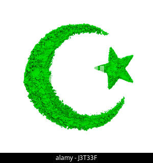 Croissant de lune et étoile de l'Islam faite avec poudre de couleur verte, isolé sur fond blanc Banque D'Images