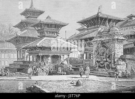 Les temples de Katmandou en face du palais royal, une gravure sur bois, 1884 Banque D'Images