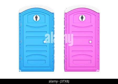 Toilettes portables bleues hommes et roses femmes, rendu 3D isolé sur fond blanc Banque D'Images