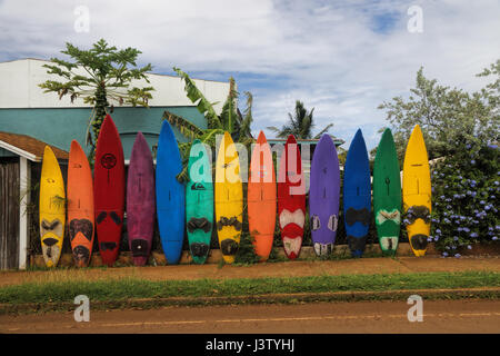 Mur de planches de surf colorées en para sur Maui. Banque D'Images