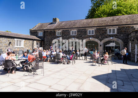 Beaucoup de gens à l'extérieur de la maison, café à Clotworthy Jardins du Château d'Antrim, Irlande du Nord, au cours d'une journée ensoleillée. Banque D'Images