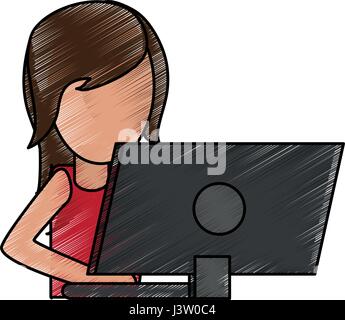 Crayons de couleur dessin animé image moitié du corps sans visage woman with laptop computer Illustration de Vecteur