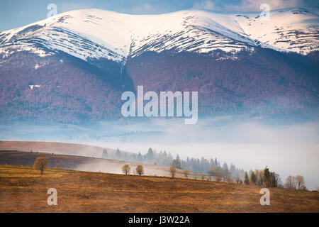 Snow caped de montagnes. Matin brouillard dans la vallée. Le printemps et l'automne misty scène. Misty Hills Banque D'Images