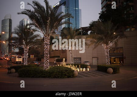 Palmiers allumé avec les guirlandes électriques à Dubaï, Émirats arabes unis, le 6 janvier 2017 Banque D'Images