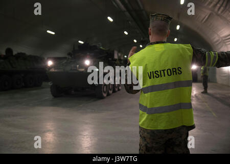 Un U.S. Marine avec 2e Bataillon de soutien Transport guide une LAV-25 Véhicule blindé léger à partir d'une grotte au cours de l'exercice de la mobilité stratégique STRATMOBEX (17) près de Stjordal, la Norvège, le 2 mai 2017. Marines préparé l véhicules pour un convoi à l'exercice de l'assemblée de la région. Le Marine Corps dégrossissement du programme en Norvège améliore la réactivité opérationnelle de tous les commandants de combat géographique en fournissant, sur mesure mission prépositionnées soutien à nos opérations expéditionnaires dans le monde. (U.S. Marine Corps photo par Lance Cpl. Victoria Ross) Banque D'Images