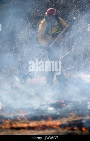 Stephen Spealman, un pompier affecté au 673e Escadron de génie civil, d'une combustion contrôlée à mène le peloton d'infanterie Battle Course sur Joint Base Elmendorf-Richardson, Alaska, le 5 mai 2017. JBER Fire Department et le personnel du Service forestier des États-Unis ont travaillé ensemble pour gérer les feux prescrits. Un brûlage contrôlé consommer brosse sèche accumulée et de l'herbe ce qui réduit le risque d'incendies. (U.S. Air Force photo par Alejandro Pena) Banque D'Images