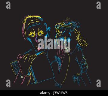 Illustration d'un couple, la lecture de livre intéressant. Sur noir Illustration de Vecteur