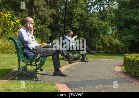 Nelson, Nouvelle-Zélande - Février 8th, 2017 : s'exprimant sur le mobile et de déjeuner à l'Anzac Park. Banque D'Images