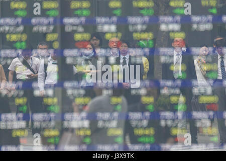 Tokyo, Japon. 9 mai, 2017. Un stock électronique tableau affiche le Nikkei Stock Average en début de séance le 9 mai 2017, Tokyo, Japon. Les actions japonaises ont chuté en moyenne 18,62 points ou 0,09 % à 19 872,25 sur ses 15 premières minutes au début de l'émission, mardi après sa fermeture en haut de l'élection présidentielle en France suite lundi. Credit : Rodrigo Reyes Marin/AFLO/Alamy Live News Banque D'Images