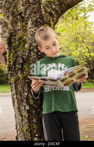 Garçon de neuf ans, la lecture d'un livre à l'ombre d'un arbre en Issaquah, Washington, USA Banque D'Images