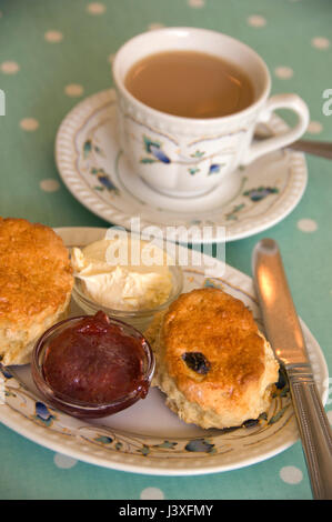 Un thé à la crème accompagné de scones, confiture et crème Banque D'Images