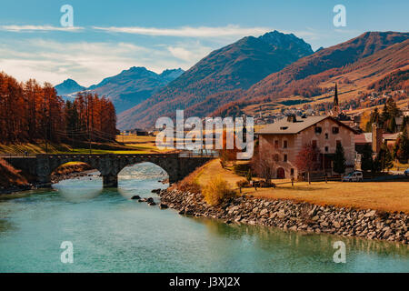 Vue panoramique, S-Chanf, Engadine, Saint Moritz, Suisse Banque D'Images