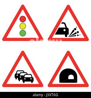 Ensemble de panneaux de circulation. Les feux de circulation, de gravier, embouteillage, symboles du tunnel. Illustration de Vecteur