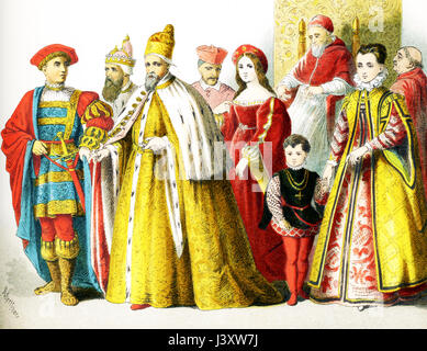 Les chiffres ci-dessus représentent les Italiens autour de 1500 A.D. Ils sont de gauche à droite : un homme de rang, Doge de Venise, le Doge de Venise, le cardinal en robe de chambre, la femme de rang, le Pape en maison-dress : Jules II, femme de rang avec son fils, le cardinal en robe de chambre. L'illustration dates à 1882. Banque D'Images