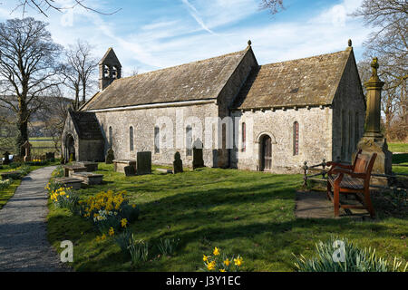 Église Sainte-marie village Conistone Yorkshire du nord au printemps de jonquilles en fleurs. Banque D'Images