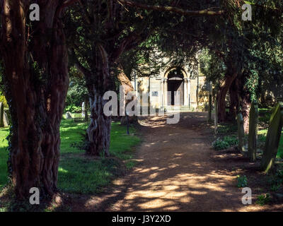 Chemin bordé d'arbres à travers le cimetière à l'église de St Mary à Roecliffe Boroughbridge près de Yorkshire Angleterre Banque D'Images