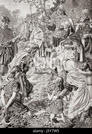 La défaite de Guthrum par Alfred le Grand après la bataille d'Edington en 878. Guthrum ou Guðrum est mort, c. 890. Roi des Vikings danois. Alfred le Grand, 849 - 899. Roi du Wessex de 871 à 899. L'histoire de Hutchinson de l'ONU, publié en 1915. Banque D'Images