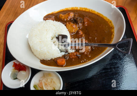 Un bol de curry japonais, à la fondue de boeuf, carottes, pommes de terre et riz blanc Banque D'Images